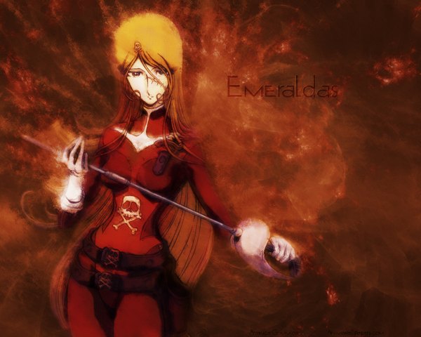 Anime picture 1280x1024 with queen emeraldas emeraldas single long hair blonde hair inscription scar red background skull and crossbones skull print girl sword belt skull