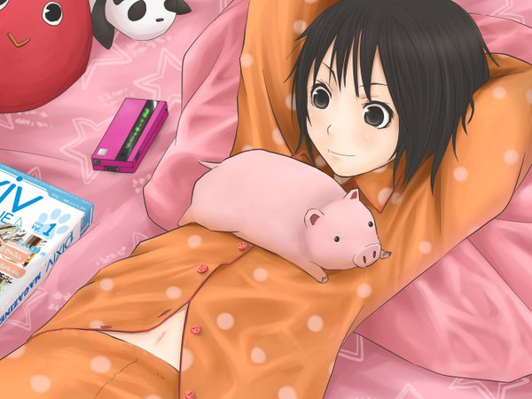 Anime picture 1280x960 with original short hair black hair smile lying black eyes navel animal bed pajamas pig okiru