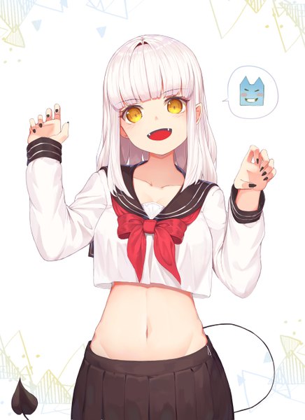 Anime picture 4000x5501 with original sugar (dndi888) single long hair tall image looking at viewer blush fringe highres open mouth simple background smile white background yellow eyes payot absurdres white hair tail blunt bangs nail polish