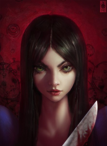 Anime picture 943x1282 with american mcgee's alice (game) alice: madness returns alice (american mcgee's) paul (shiramune) single long hair tall image looking at viewer black hair green eyes realistic portrait red background girl blood knife