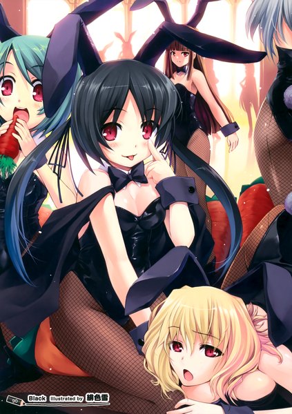 Anime picture 2466x3500 with original hiiro yuki long hair tall image blush highres open mouth light erotic black hair blonde hair red eyes brown hair sitting twintails multiple girls green hair bunny ears eating :p akanbe