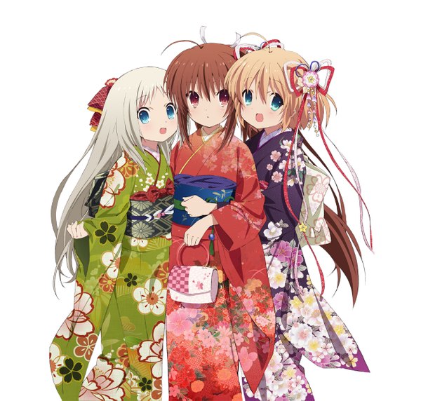 Anime picture 1260x1203 with little busters! key (studio) noumi kudryavka natsume rin kamikita komari long hair looking at viewer blush open mouth blue eyes simple background brown hair white background multiple girls ponytail traditional clothes japanese clothes official art two side up girl