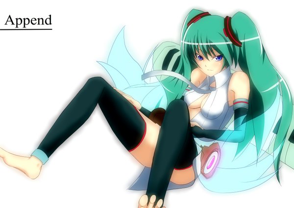 Anime picture 3508x2482 with vocaloid vocaloid append hatsune miku hatsune miku (append) long hair highres blue eyes light erotic twintails absurdres barefoot green hair girl detached sleeves
