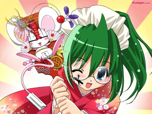 Anime picture 1024x768 with original galge.com mouse (galge.com) scanner (galge.com) japanese clothes new year girl glasses kimono mouse hagoita hanetsuki
