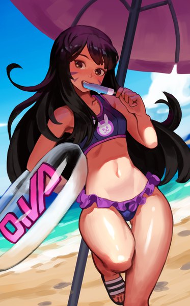Anime picture 886x1423 with overwatch blizzard entertainment d.va (overwatch) lim jaejin single long hair tall image looking at viewer light erotic black hair standing brown eyes bent knee (knees) dutch angle beach facial mark standing on one leg whisker markings sand adapted costume