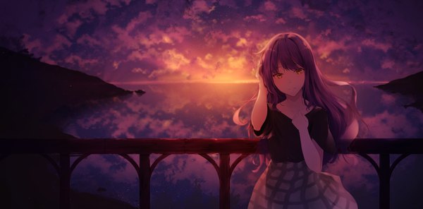 Anime picture 1821x900 with original hplay (kyoshinou) single long hair looking at viewer fringe highres wide image yellow eyes payot purple hair outdoors head tilt light smile wind sunlight night night sky evening reflection