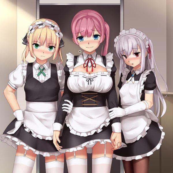 Anime picture 1200x1200 with original eto long hair looking at viewer blush short hair blue eyes light erotic blonde hair multiple girls green eyes pink hair silver hair pink eyes maid two side up pantyshot embarrassed hand on hip side ponytail