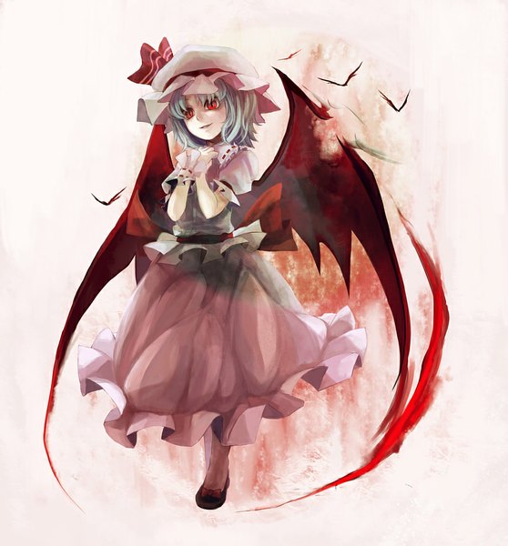 Anime picture 829x892 with touhou remilia scarlet oburaato single tall image short hair simple background smile red eyes white background blue hair looking away girl wings bonnet