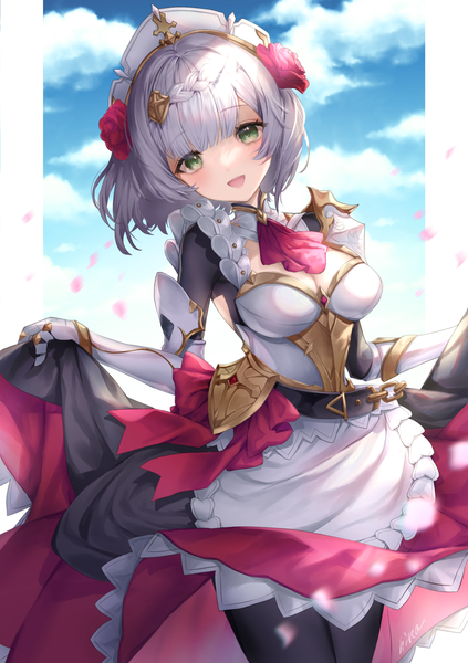 Anime-Bild 1409x2000 mit genshin impact noelle (genshin impact) hi-na1 single tall image looking at viewer fringe short hair open mouth green eyes sky cleavage silver hair cloud (clouds) blunt bangs head tilt :d hair flower outside border pillarboxed