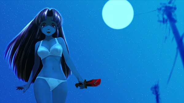 Anime picture 1920x1080 with suzumiya haruhi no yuutsu kyoto animation asakura ryouko single long hair looking at viewer highres open mouth light erotic black hair wide image standing bare shoulders sky night sky underwear only girl underwear panties weapon