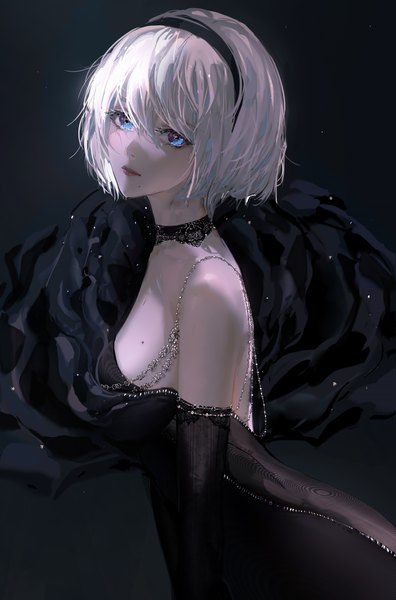 Anime picture 4136x6269 with nier nier:automata yorha no. 2 type b nixeu single tall image fringe highres short hair breasts blue eyes light erotic simple background hair between eyes large breasts standing looking away absurdres white hair realistic