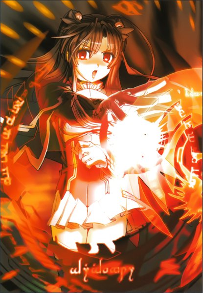 Anime picture 1308x1888 with demonbane hadou ruri nishii (nitroplus) single long hair tall image looking at viewer fringe breasts open mouth hair between eyes red eyes brown hair large breasts standing two side up floating hair outstretched arm magic hieroglyph