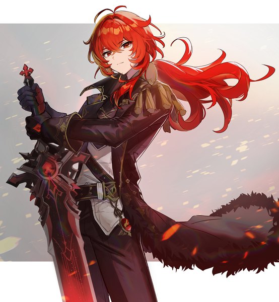 Anime picture 2044x2212 with genshin impact diluc ragnvindr hayama eishi single long hair tall image fringe highres hair between eyes red eyes ahoge red hair wind low ponytail outside border boy gloves weapon sword black gloves