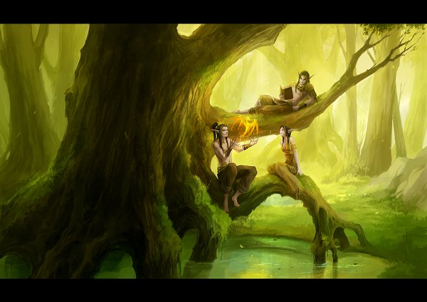 Anime picture 1200x848 with original sandara long hair black hair brown hair sitting bare shoulders barefoot green hair pointy ears magic topless elf nature girl boy plant (plants) tree (trees) water book (books)
