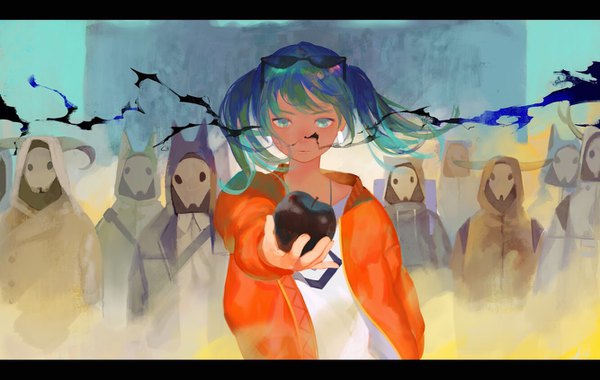 Anime picture 1334x845 with vocaloid suna no wakusei (vocaloid) hatsune miku satomatoma single long hair twintails aqua eyes wind aqua hair open jacket letterboxed outstretched hand sunglasses on head expressionless girl jacket sunglasses fruit apple