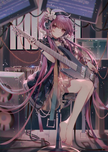 Anime picture 1000x1415 with touhou tsukumo benben yasato single tall image looking at viewer fringe hair between eyes sitting twintails holding pink hair full body ahoge bent knee (knees) indoors very long hair nail polish head tilt pink eyes