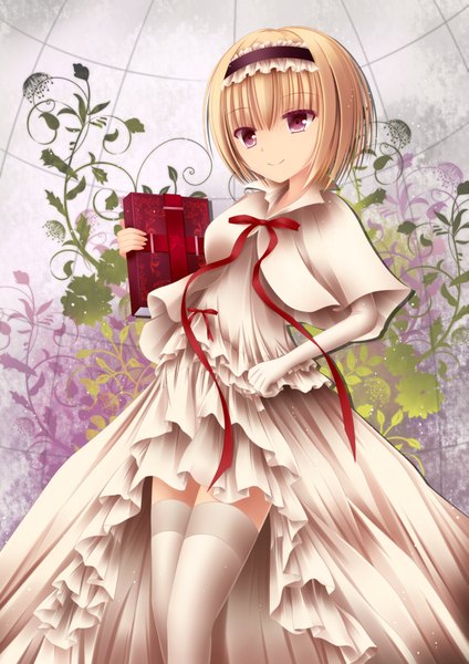 Anime picture 2893x4092 with touhou alice margatroid single tall image highres short hair blonde hair red eyes girl thighhighs dress gloves white thighhighs elbow gloves book (books)