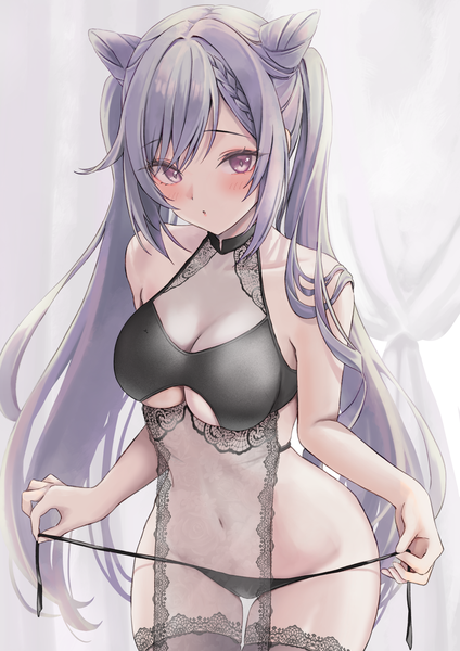 Anime picture 2894x4093 with genshin impact keqing (genshin impact) huziko32 single long hair tall image looking at viewer blush fringe highres breasts light erotic standing purple eyes twintails payot purple hair hair bun (hair buns) thigh gap underboob