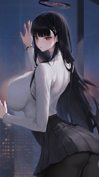 Anime picture 1277x2271 with blue archive rio (blue archive) sheng zhidou single long hair tall image looking at viewer fringe breasts light erotic black hair red eyes standing ass indoors blunt bangs long sleeves parted lips pleated skirt from behind