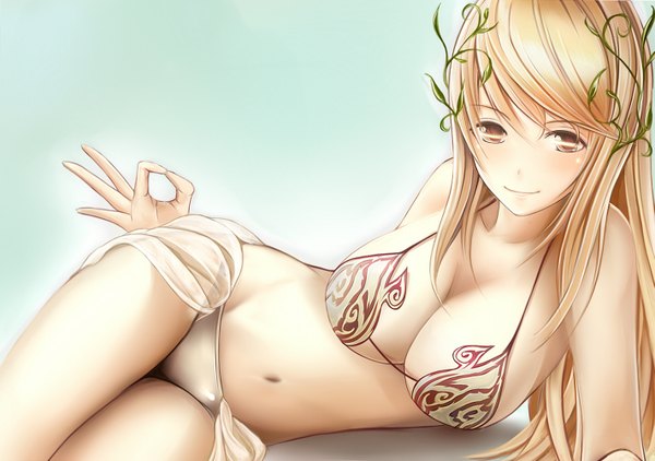 Anime picture 1421x1000 with sennen sensou aigis aegis (sennen sensou aigis) nannacy7 single long hair looking at viewer blush breasts light erotic simple background blonde hair brown eyes cleavage lying gradient background on side girl hair ornament swimsuit bikini