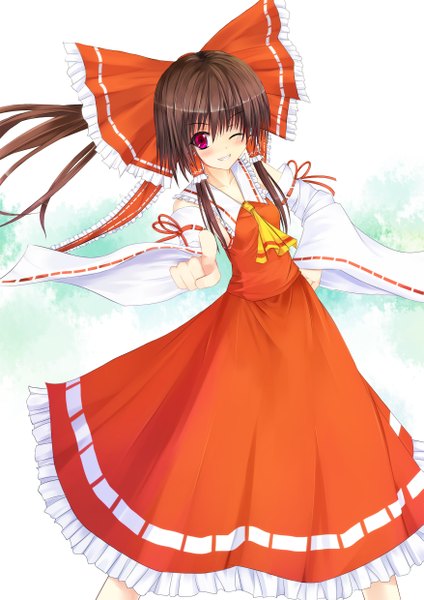 Anime picture 1754x2480 with touhou hakurei reimu niboss single long hair tall image highres black hair smile red eyes one eye closed wink miko girl skirt bow hair bow detached sleeves red skirt