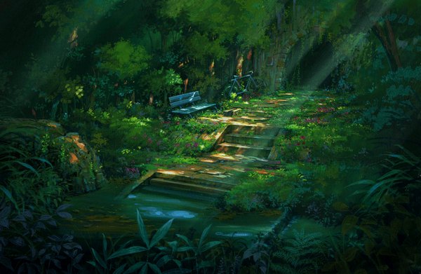 Anime picture 1000x652 with original saitama_bg no people flower (flowers) plant (plants) tree (trees) grass ground vehicle stairs bench bicycle