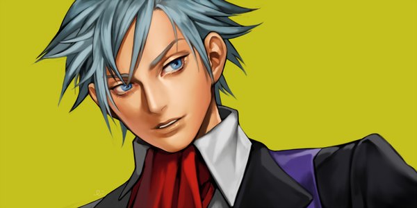 Anime picture 2000x1000 with pokemon pokemon (game) nintendo steven stone yohi single highres short hair blue eyes simple background wide image blue hair realistic green background boy neckerchief