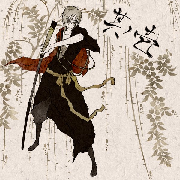 Anime picture 1600x1600 with original shuu iori (artist) single grey hair hieroglyph unsheathing boy weapon sword katana bandage (bandages) eyepatch sheath