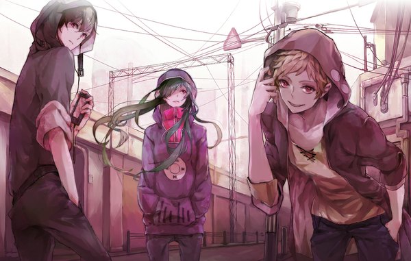 Anime picture 930x591 with kagerou project shaft (studio) kido tsubomi kano shuuya seto kousuke hina (xoxo) long hair looking at viewer fringe short hair black hair blonde hair smile red eyes green hair wind hair over one eye multiple boys hand in pocket hands in pockets