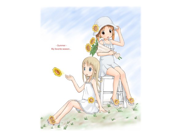 Anime picture 1280x960 with ichigo mashimaro matsuoka miu ana coppola long hair blush short hair open mouth blue eyes blonde hair sitting multiple girls brown eyes orange hair loli girl flower (flowers) 2 girls plant (plants) hat grass