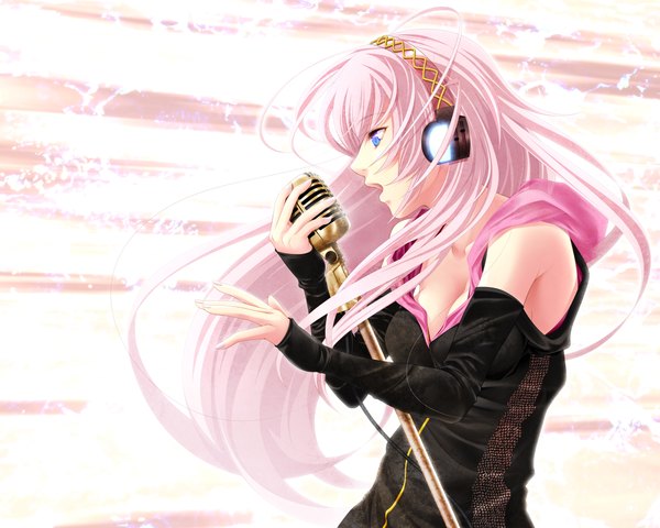 Anime picture 2000x1600 with vocaloid megurine luka aizawa kotarou single long hair highres open mouth blue eyes pink hair girl detached sleeves headphones microphone