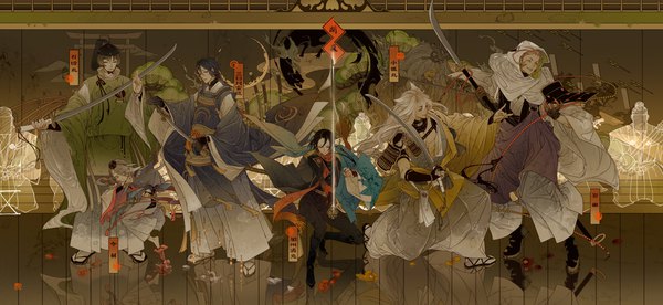 Anime picture 4550x2100 with touken ranbu nitroplus mikazuki munechika kashuu kiyomitsu kogitsunemaru ima-no-tsurugi iwatooshi ishikirimaru akai kamoshi long hair highres short hair blue eyes black hair blonde hair smile red eyes brown hair wide image animal ears