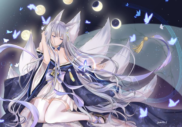 Anime picture 3500x2450 with azur lane shinano (azur lane) gumiko shikama single long hair fringe highres blue eyes light erotic sitting bare shoulders signed animal ears absurdres silver hair full body bent knee (knees) tail blunt bangs traditional clothes
