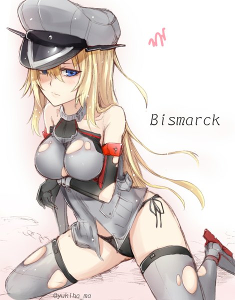Anime picture 984x1256 with kantai collection bismarck battleship yukihama single long hair tall image looking at viewer blush fringe blue eyes light erotic simple background blonde hair white background sitting signed arm support midriff embarrassed character names