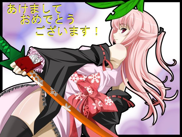 Anime picture 1500x1125 with mino106 single long hair red eyes bare shoulders pink hair japanese clothes looking back bunny ears girl thighhighs bow weapon black thighhighs detached sleeves sword kimono katana