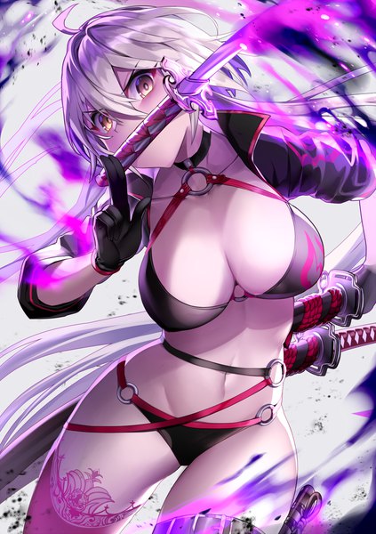 Anime-Bild 846x1200 mit fate (series) fate/grand order jeanne d'arc (fate) (all) jeanne d'arc alter (fate) jeanne d'arc alter (swimsuit berserker) (fate) gendo0032 single long hair tall image looking at viewer blush fringe breasts light erotic simple background large breasts holding yellow eyes silver hair ahoge