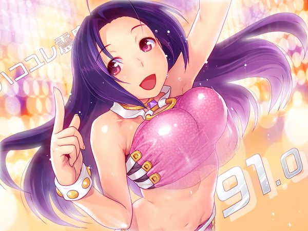 Anime picture 1200x900 with idolmaster miura azusa nekomata naomi single long hair breasts open mouth light erotic red eyes large breasts bare shoulders purple hair pink diamond 765 girl navel