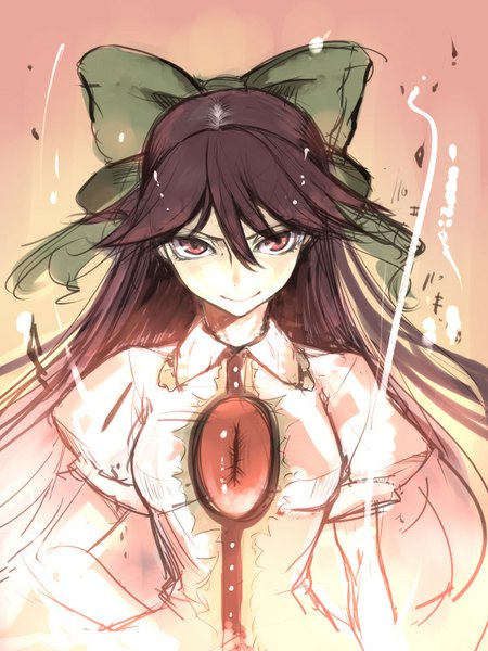 Anime picture 600x800 with touhou reiuji utsuho miya9 single long hair tall image looking at viewer fringe black hair simple background smile red eyes hand on hip pink background girl bow hair bow