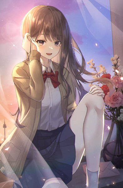 Anime picture 1769x2710 with original ssalgolae single long hair tall image looking at viewer blush fringe highres open mouth smile brown hair sitting brown eyes sky cloud (clouds) bent knee (knees) long sleeves :d arm up