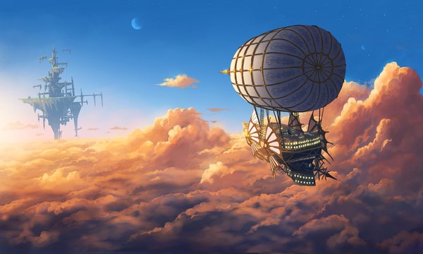 Anime picture 1500x900 with original doora (dora0913) wide image sky cloud (clouds) crescent floating island moon aircraft island airship dirigible