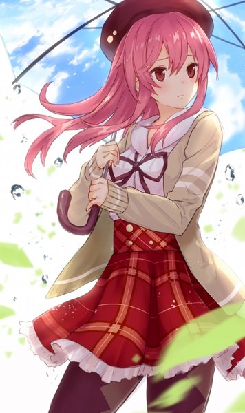 Anime picture 950x1600 with rakudai kishi no cavalry stella vermillion haru (hiyori-kohal) single long hair tall image blush fringe hair between eyes red eyes standing holding payot looking away pink hair sky cloud (clouds) open clothes plaid skirt expressionless