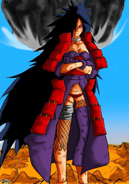 Anime picture 751x1065 with naruto studio pierrot naruto (series) uchiha madara single tall image looking at viewer fringe breasts light erotic cleavage very long hair hair over one eye crossed arms angry genderswap hokage crack girl navel