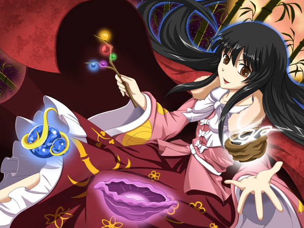 Anime picture 2400x1800 with touhou houraisan kaguya zqhzx (artist) long hair highres black hair smile brown eyes magic girl dress plant (plants) bamboo