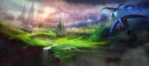 Anime picture 2422x1080 with original ferdinand ladera highres wide image signed cloud (clouds) mountain landscape fantasy river alternate age waterfall fog animal water bird (birds) castle bridge