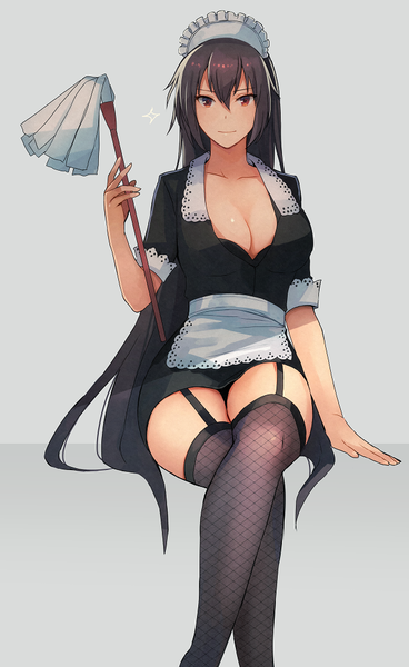 Anime picture 613x1000 with kantai collection nagato battleship kasumi (skchkko) single long hair tall image looking at viewer fringe breasts light erotic black hair simple background smile hair between eyes red eyes large breasts holding payot cleavage bent knee (knees)