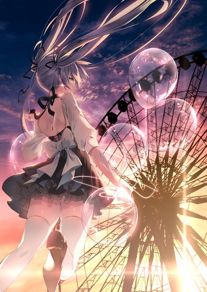 Anime picture 724x1023 with original yusano single long hair tall image looking at viewer fringe hair between eyes standing twintails holding yellow eyes sky silver hair cloud (clouds) outdoors profile looking back wind from behind