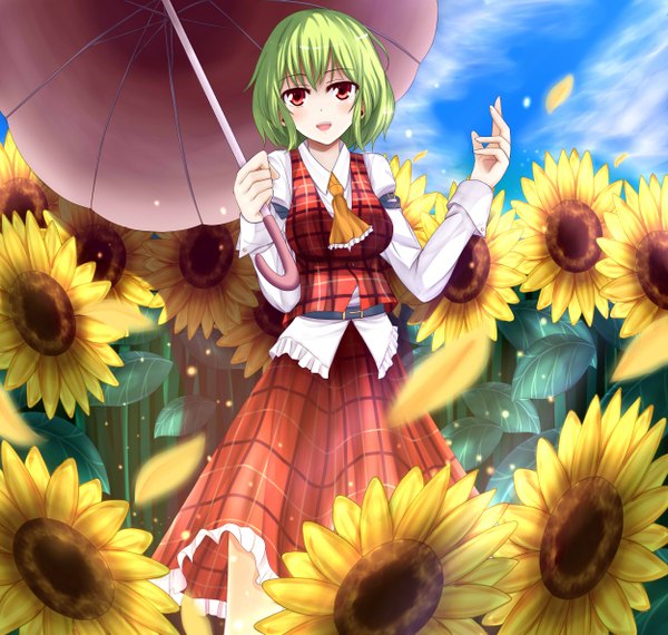 Anime picture 2500x2375 with touhou kazami yuuka wendell single looking at viewer blush highres short hair open mouth red eyes green hair girl dress skirt flower (flowers) petals umbrella skirt set sunflower