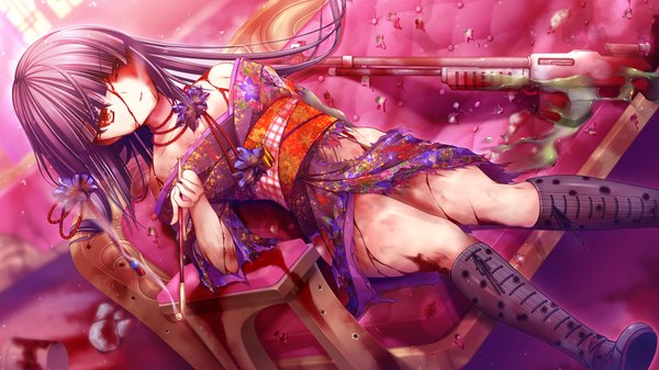 Anime picture 1280x720 with re:birth colony rindou airi asami asami long hair black hair red eyes wide image game cg japanese clothes smoke smoking girl weapon boots kimono gun blood obi