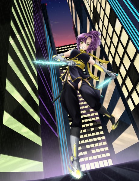 Anime picture 1000x1300 with original mochi.f single tall image blush short hair light erotic smile yellow eyes purple hair city battle girl underwear panties weapon sword boots building (buildings)