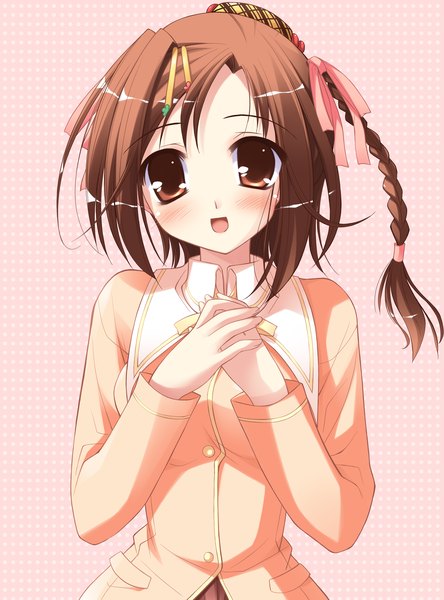 Anime picture 2911x3928 with happiness kamisaka haruhi ko~cha single tall image blush highres short hair open mouth brown hair brown eyes single braid pink background girl uniform hair ornament ribbon (ribbons) hair ribbon school uniform bobby pin